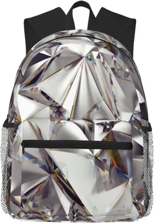Glitter Abstract Diamond Crystal Pattern Print Adults Casual Travel Zipper Bookbag Polyester Travel Daypack Bag Multiple Pockets