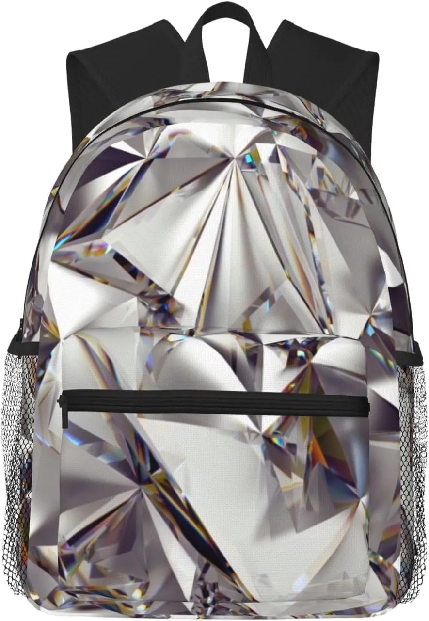 Glitter Abstract Diamond Crystal Pattern Print Adults Casual Travel Zipper Bookbag Polyester Travel Daypack Bag Multiple Pockets