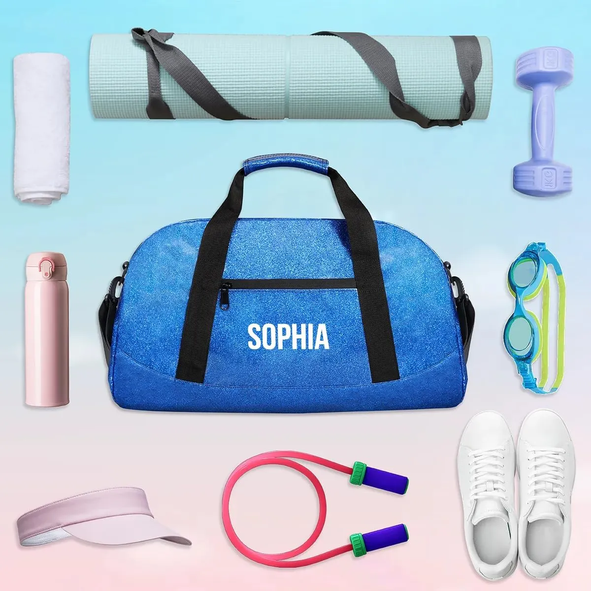 Glitter Girls Duffel Bags Travel Kids Sports Bag for Boys Gym Bag with Name Small Dance Tote for Dancing Girls Glitter White Blue