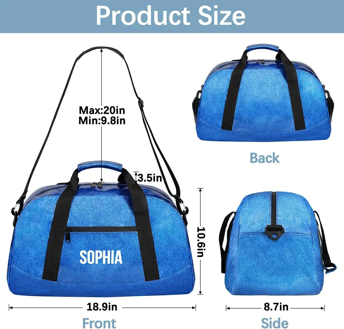Glitter Girls Duffel Bags Travel Kids Sports Bag for Boys Gym Bag with Name Small Dance Tote for Dancing Girls Glitter White Blue