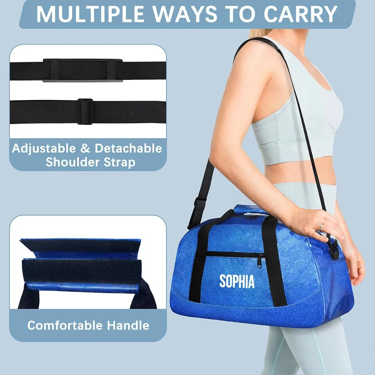 Glitter Girls Duffel Bags Travel Kids Sports Bag for Boys Gym Bag with Name Small Dance Tote for Dancing Girls Glitter White Blue