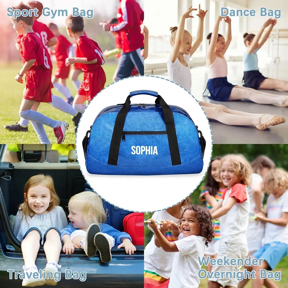 Glitter Girls Duffel Bags Travel Kids Sports Bag for Boys Gym Bag with Name Small Dance Tote for Dancing Girls Glitter White Blue