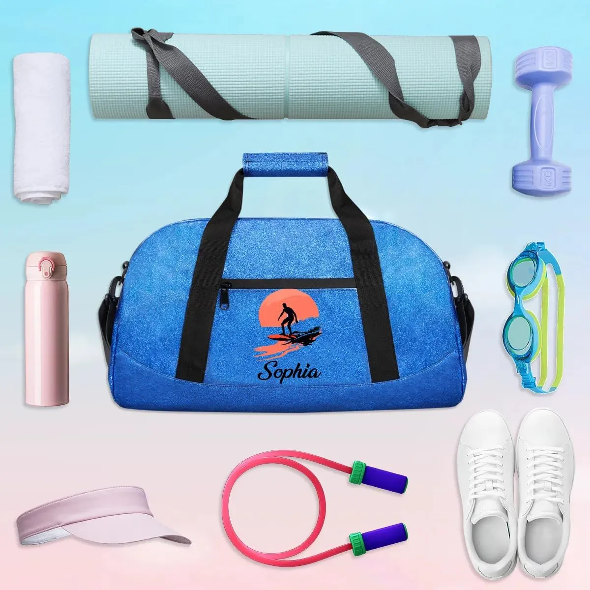 Glitter Girls Duffel Bags Travel Kids Sports Bag for Boys Gym Bag with Name Small Dance Tote for Dancing Girls Sunset Surfing