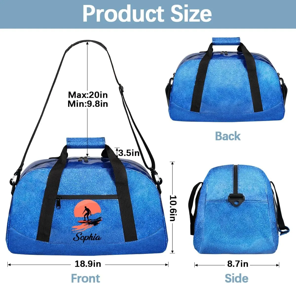 Glitter Girls Duffel Bags Travel Kids Sports Bag for Boys Gym Bag with Name Small Dance Tote for Dancing Girls Sunset Surfing