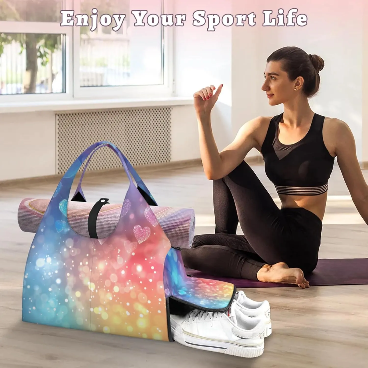 Glitter Paper Gym Bag Yoga Mat Tote for Women with Shoes Compartment Lightweight Duffle Travel Carrier Wet Dry Storage Pockets Adjustable Pilates Mats Shoulder Bags for Sport Swim