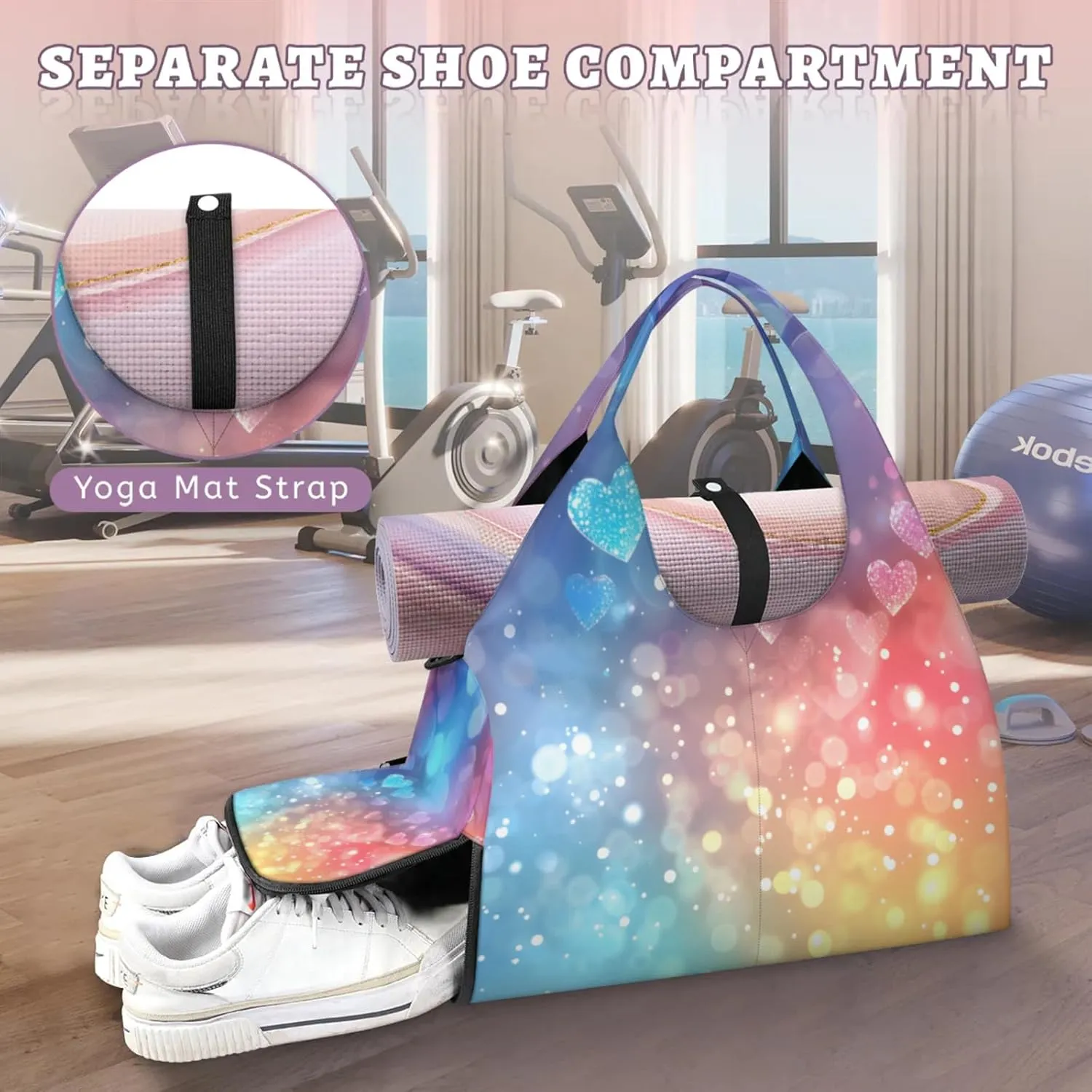 Glitter Paper Gym Bag Yoga Mat Tote for Women with Shoes Compartment Lightweight Duffle Travel Carrier Wet Dry Storage Pockets Adjustable Pilates Mats Shoulder Bags for Sport Swim