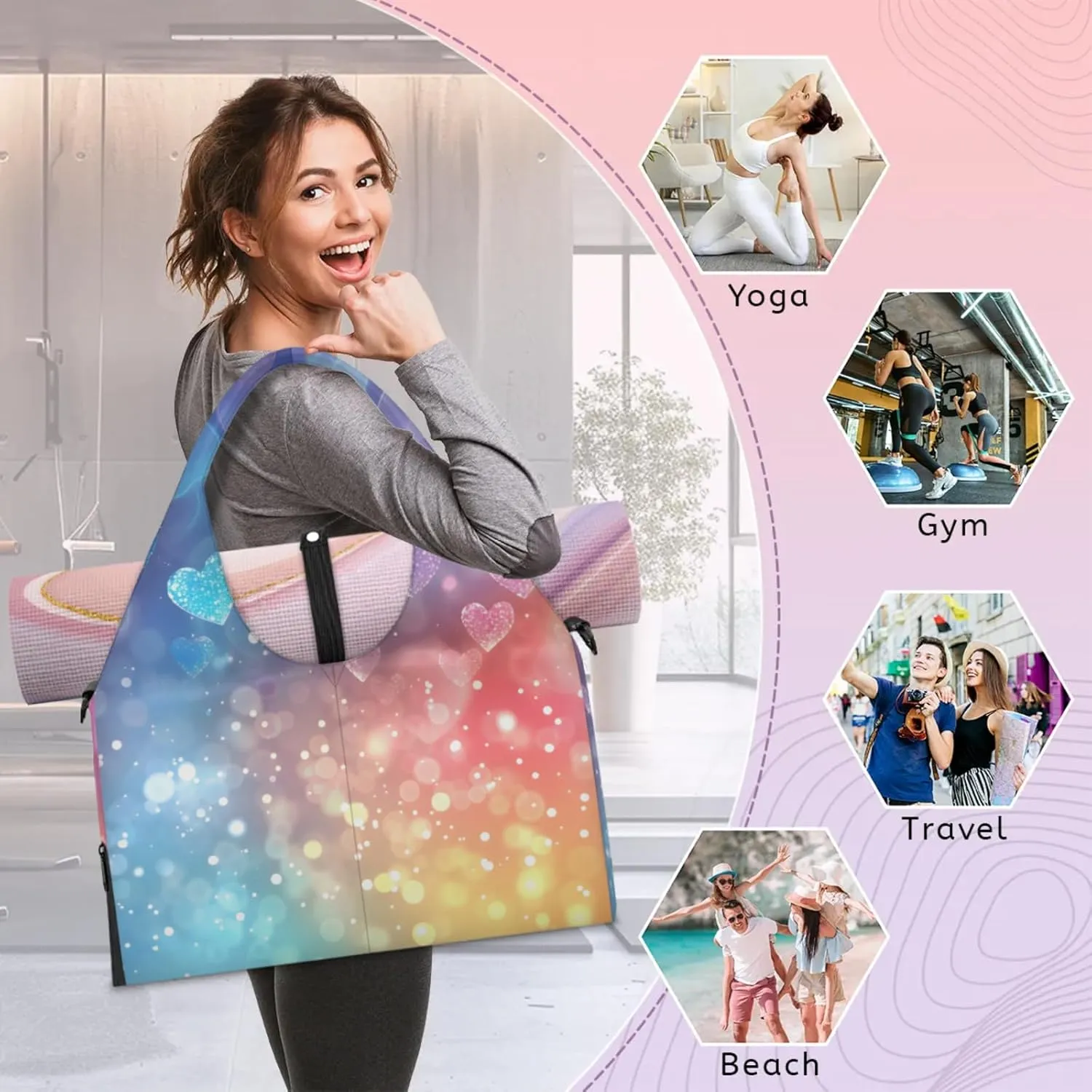 Glitter Paper Gym Bag Yoga Mat Tote for Women with Shoes Compartment Lightweight Duffle Travel Carrier Wet Dry Storage Pockets Adjustable Pilates Mats Shoulder Bags for Sport Swim