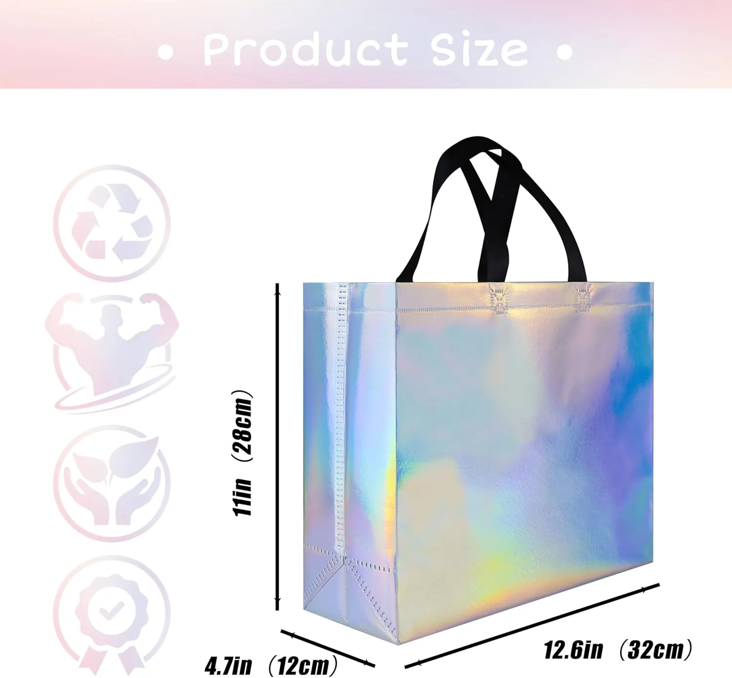 Glossy Iridescent Gift Bags 15 Pcs, 12.6x4.7x11 In Non-woven Reusable Goodie Bags Bulk, with Black Handles & Sturdy Base, Christmas Gift Bags for Birthday, Wedding, Easter, Holiday Party