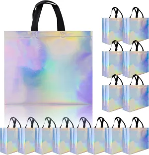 Glossy Iridescent Gift Bags 15 Pcs, 12.6x4.7x11 In Non-woven Reusable Goodie Bags Bulk, with Black Handles & Sturdy Base, Christmas Gift Bags for Birthday, Wedding, Easter, Holiday Party