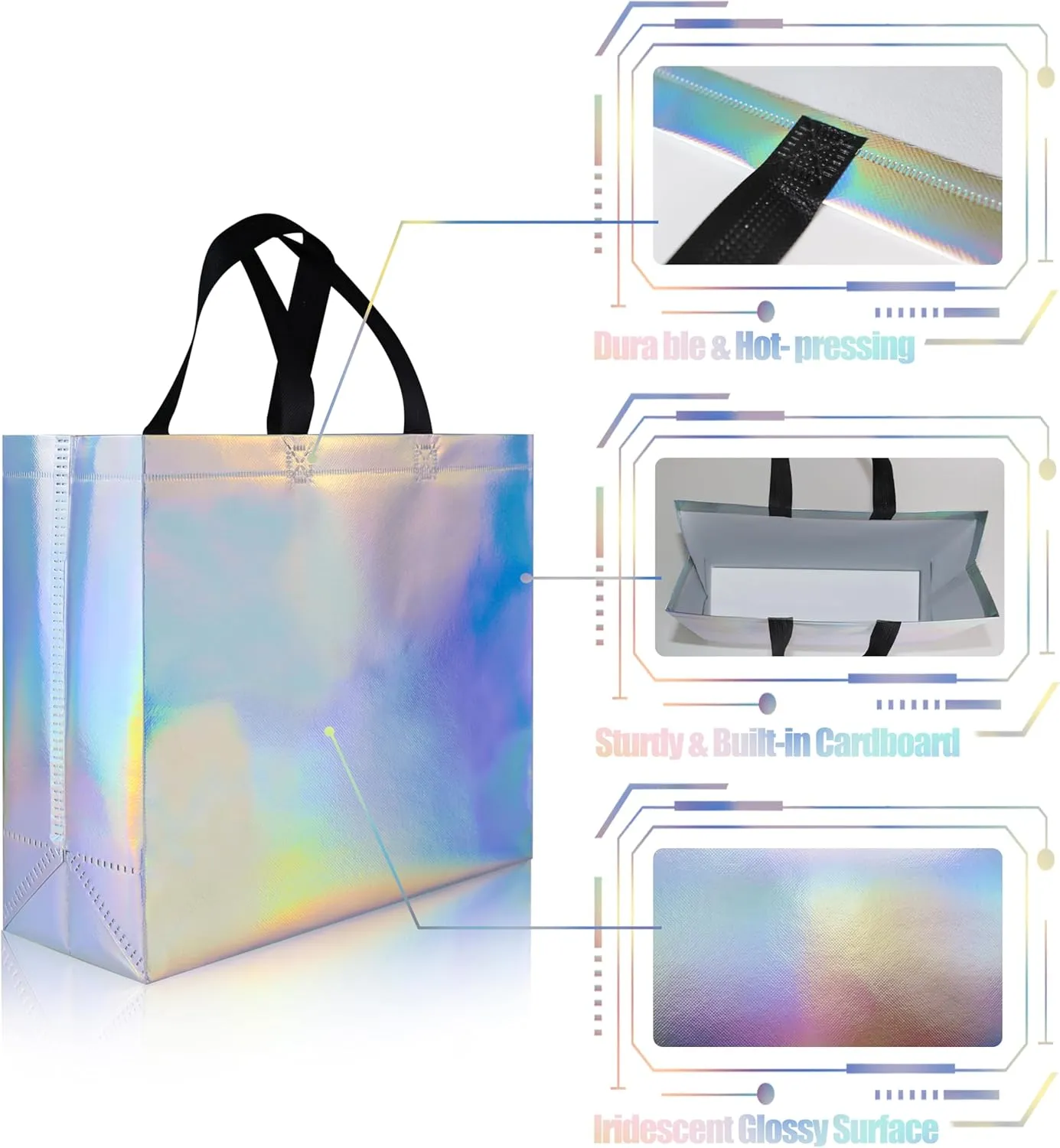 Glossy Iridescent Gift Bags 15 Pcs, 12.6x4.7x11 In Non-woven Reusable Goodie Bags Bulk, with Black Handles & Sturdy Base, Christmas Gift Bags for Birthday, Wedding, Easter, Holiday Party