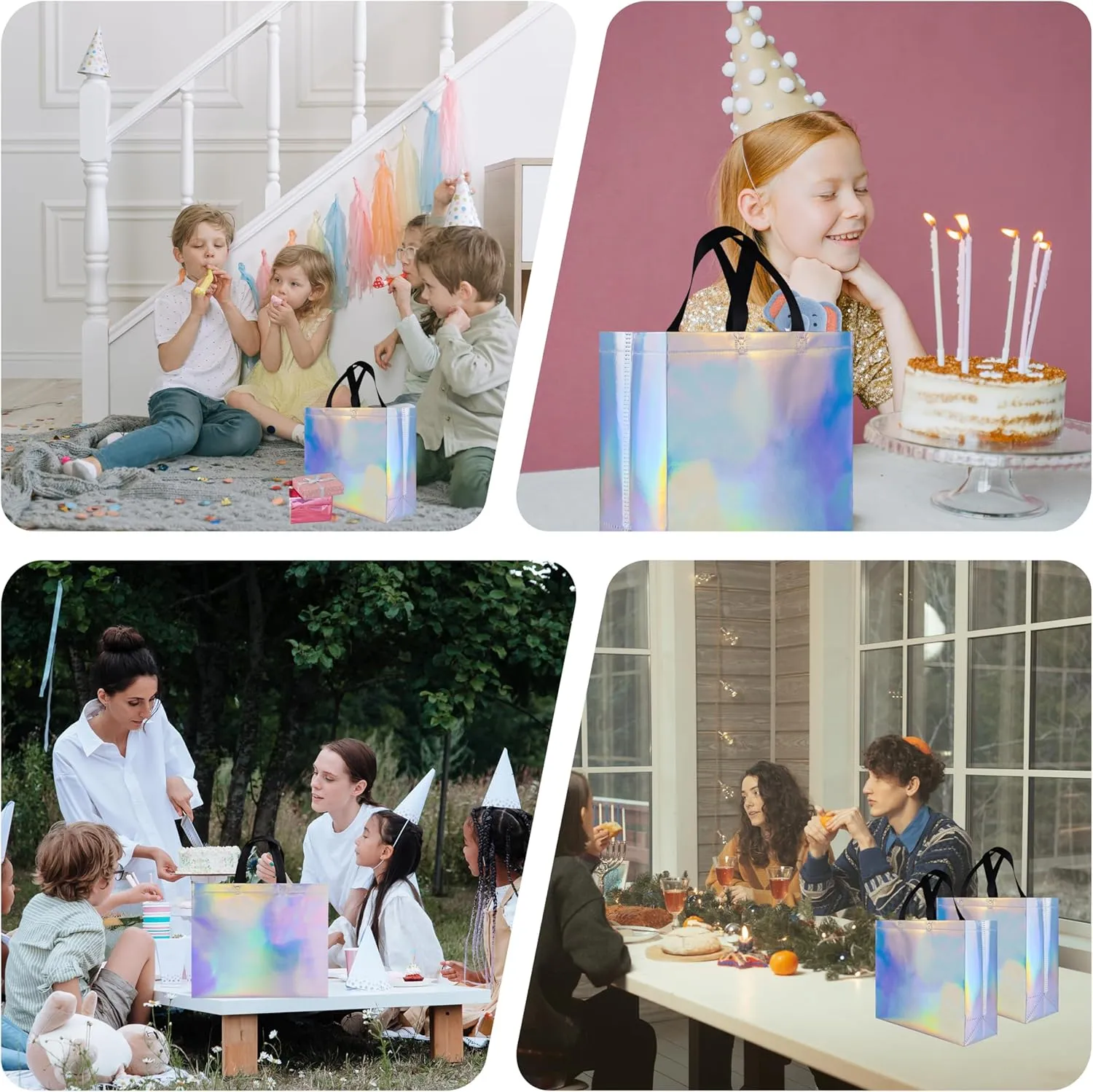 Glossy Iridescent Gift Bags 15 Pcs, 12.6x4.7x11 In Non-woven Reusable Goodie Bags Bulk, with Black Handles & Sturdy Base, Christmas Gift Bags for Birthday, Wedding, Easter, Holiday Party