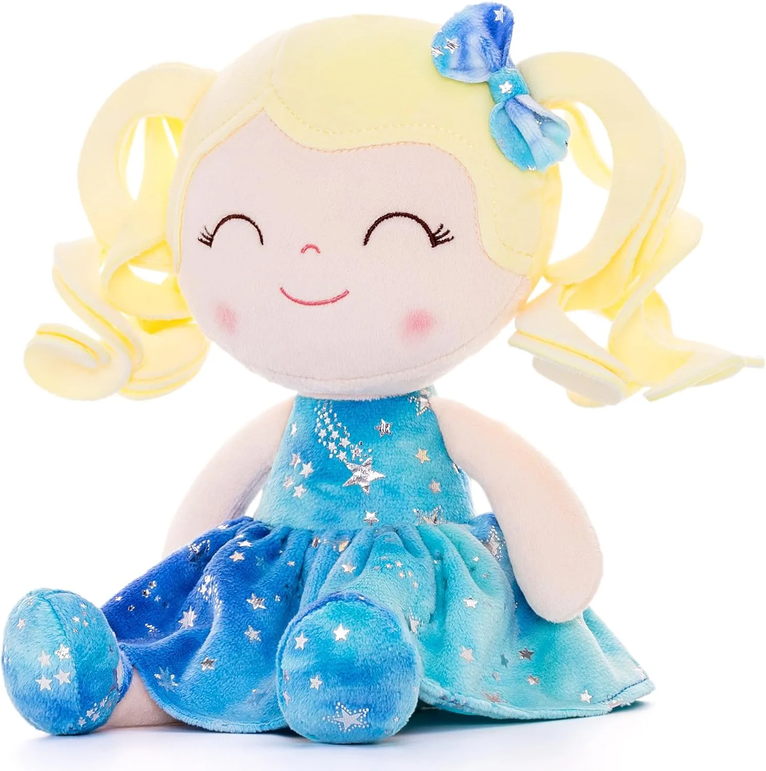 Gloveleya Toddler Backpack Baby Girl Gifts Plush Curly Girl Doll Backpacks Blue Dress with Glitter Stars 9 inches