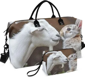 Goat Rabbit Kissing Valentine Duffle Bag Travel Cosmetic Bags Set of 2, Art Womens Gym Tote Weekender Bags
