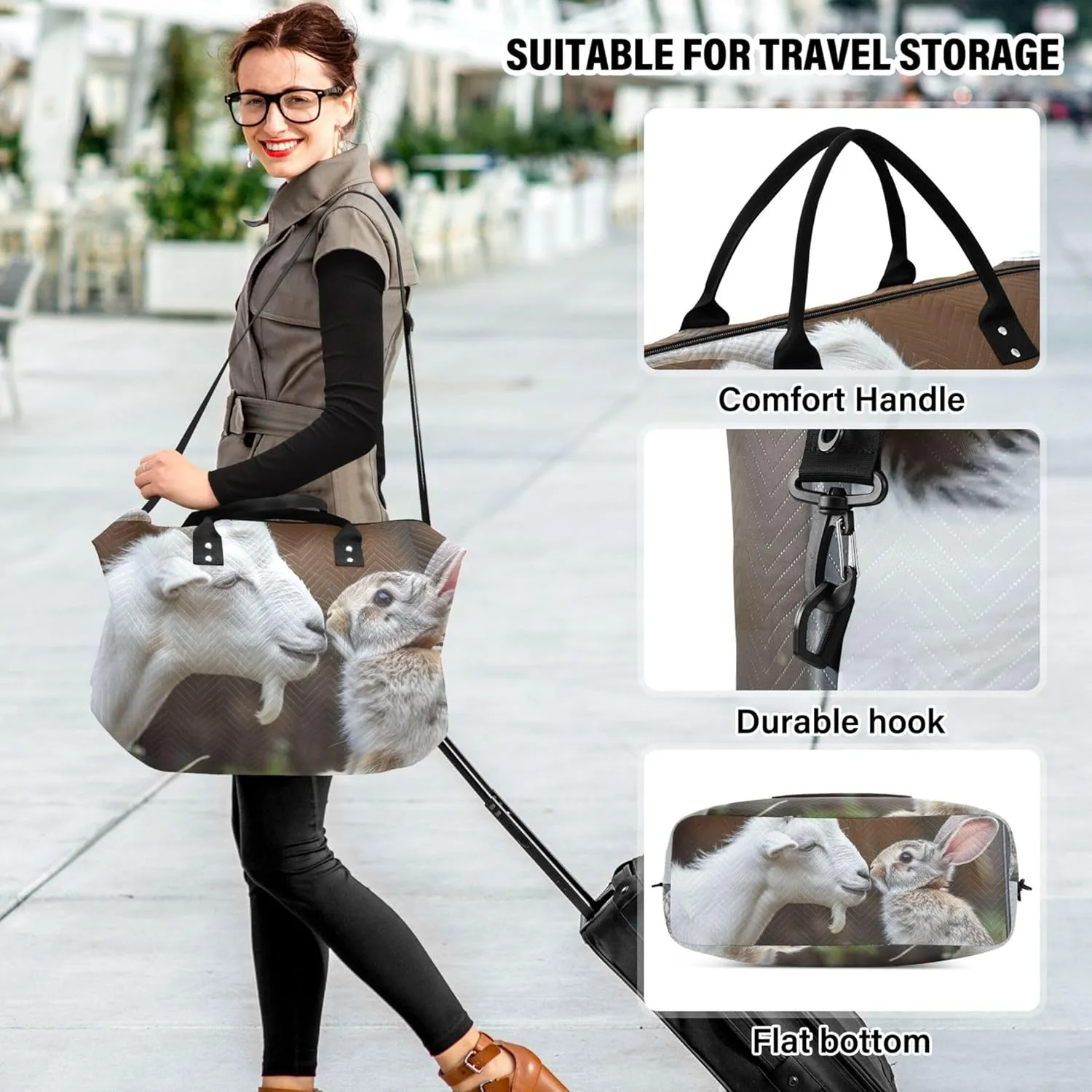 Goat Rabbit Kissing Valentine Duffle Bag Travel Cosmetic Bags Set of 2, Art Womens Gym Tote Weekender Bags