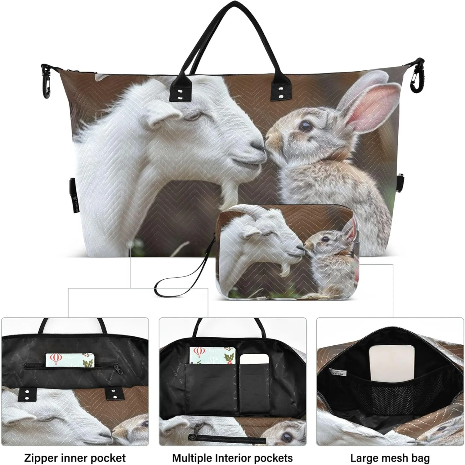 Goat Rabbit Kissing Valentine Duffle Bag Travel Cosmetic Bags Set of 2, Art Womens Gym Tote Weekender Bags
