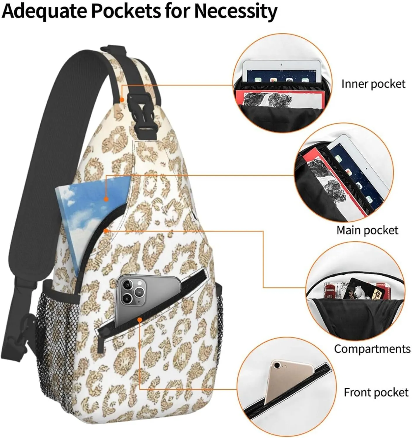 Gold Glitter Leopard Print Ombre Chest Sling Bag Crossbody Shoulder Backpack Bag Gym Cycling Daypack Travel Hiking Cross Bag