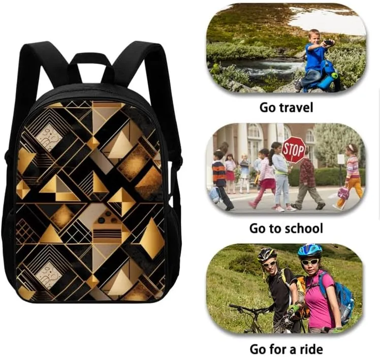 Golden Geometric Rhombic Modern School Bag with Lunch Bag Set for Girls Teens Gifts Abstract Artwork Student Book Bag or School Sport Travel with Pencil Case