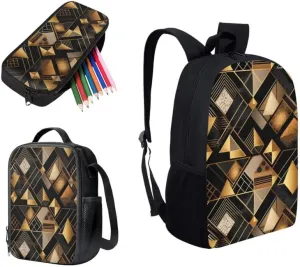 Golden Geometric Rhombic Modern School Bag with Lunch Bag Set for Girls Teens Gifts Abstract Artwork Student Book Bag or School Sport Travel with Pencil Case