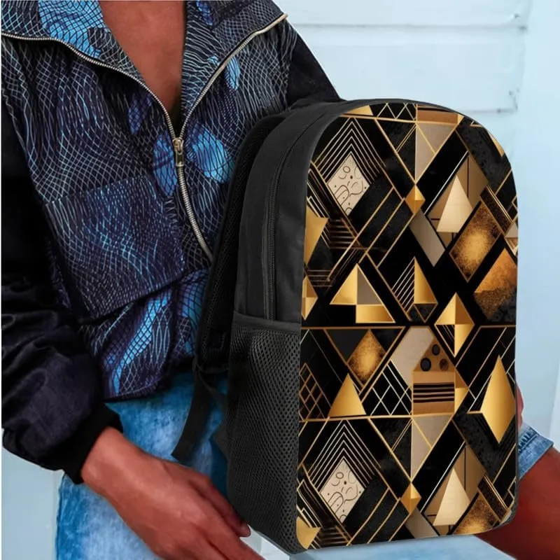 Golden Geometric Rhombic Modern School Bag with Lunch Bag Set for Girls Teens Gifts Abstract Artwork Student Book Bag or School Sport Travel with Pencil Case