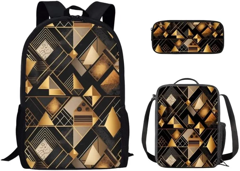 Golden Geometric Rhombic Modern School Bag with Lunch Bag Set for Girls Teens Gifts Abstract Artwork Student Book Bag or School Sport Travel with Pencil Case
