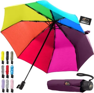 GORILLA GRIP Windproof Compact Stick Umbrella for Rain, One-Click Automatic Open and Close, Strong Reinforced Fiberglass Ribs, Easily Collapsible, Lightweight Portable Umbrellas for Travel, Rainbow