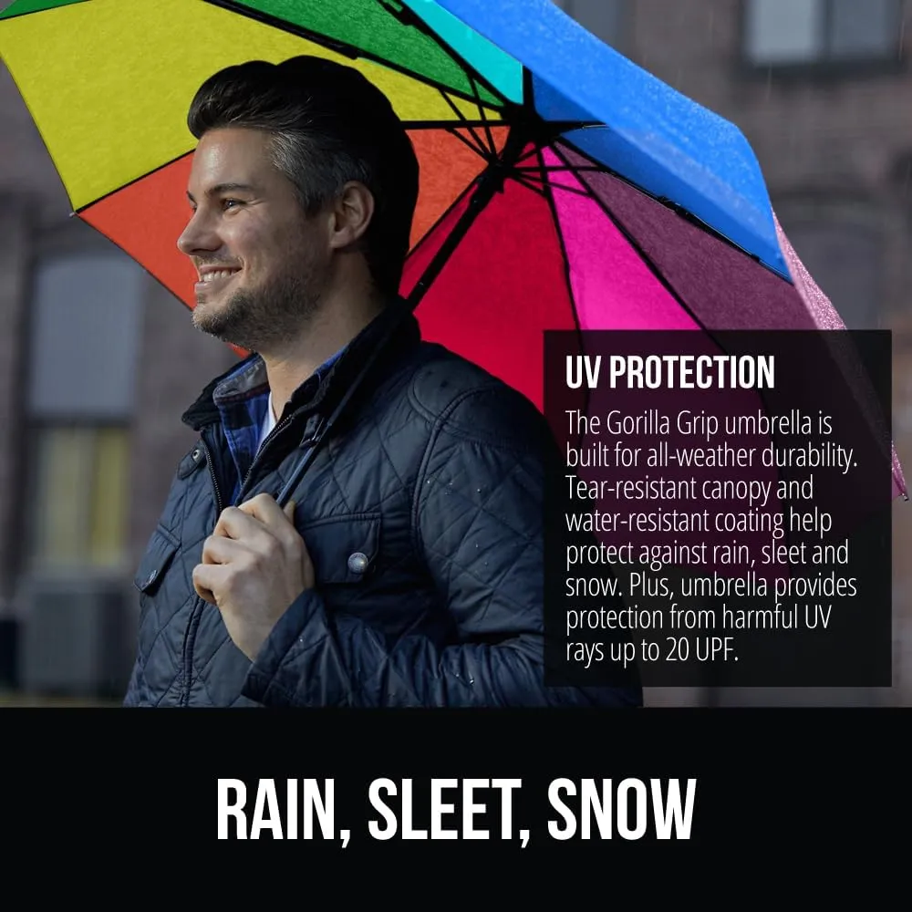 GORILLA GRIP Windproof Compact Stick Umbrella for Rain, One-Click Automatic Open and Close, Strong Reinforced Fiberglass Ribs, Easily Collapsible, Lightweight Portable Umbrellas for Travel, Rainbow