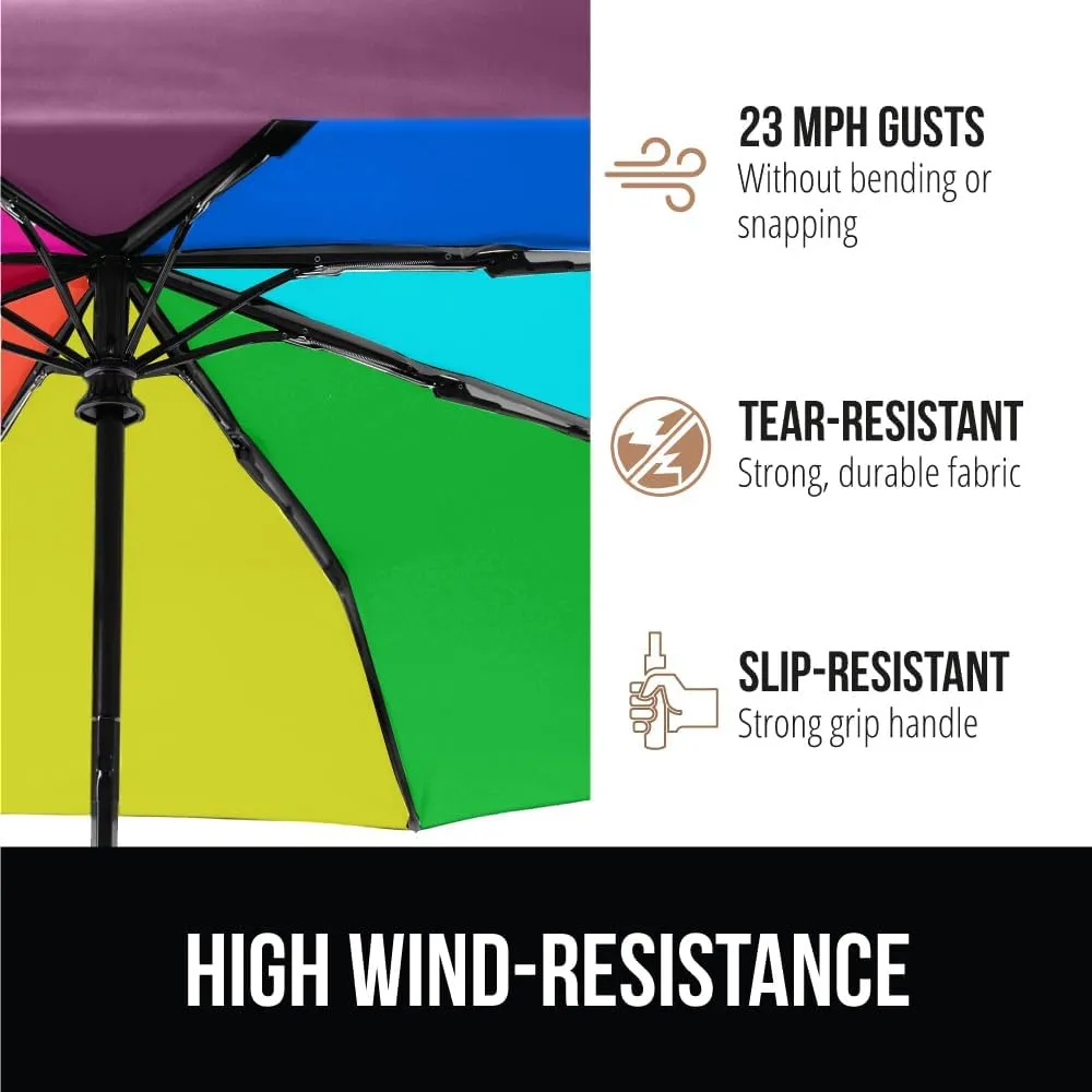 GORILLA GRIP Windproof Compact Stick Umbrella for Rain, One-Click Automatic Open and Close, Strong Reinforced Fiberglass Ribs, Easily Collapsible, Lightweight Portable Umbrellas for Travel, Rainbow