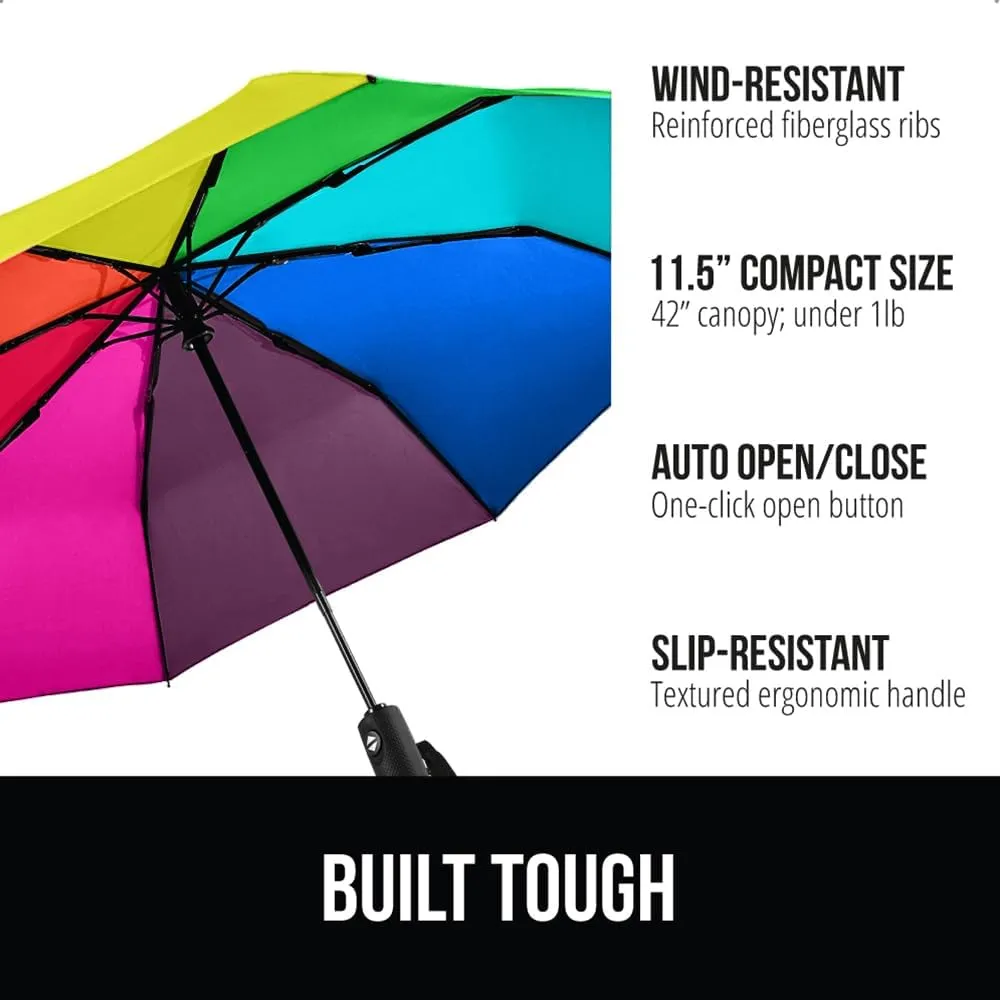 GORILLA GRIP Windproof Compact Stick Umbrella for Rain, One-Click Automatic Open and Close, Strong Reinforced Fiberglass Ribs, Easily Collapsible, Lightweight Portable Umbrellas for Travel, Rainbow