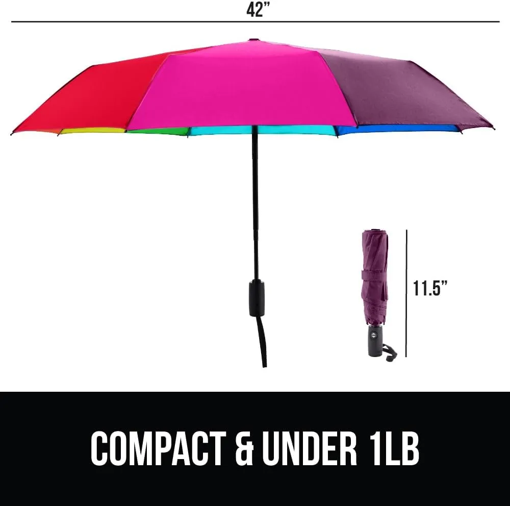 GORILLA GRIP Windproof Compact Stick Umbrella for Rain, One-Click Automatic Open and Close, Strong Reinforced Fiberglass Ribs, Easily Collapsible, Lightweight Portable Umbrellas for Travel, Rainbow