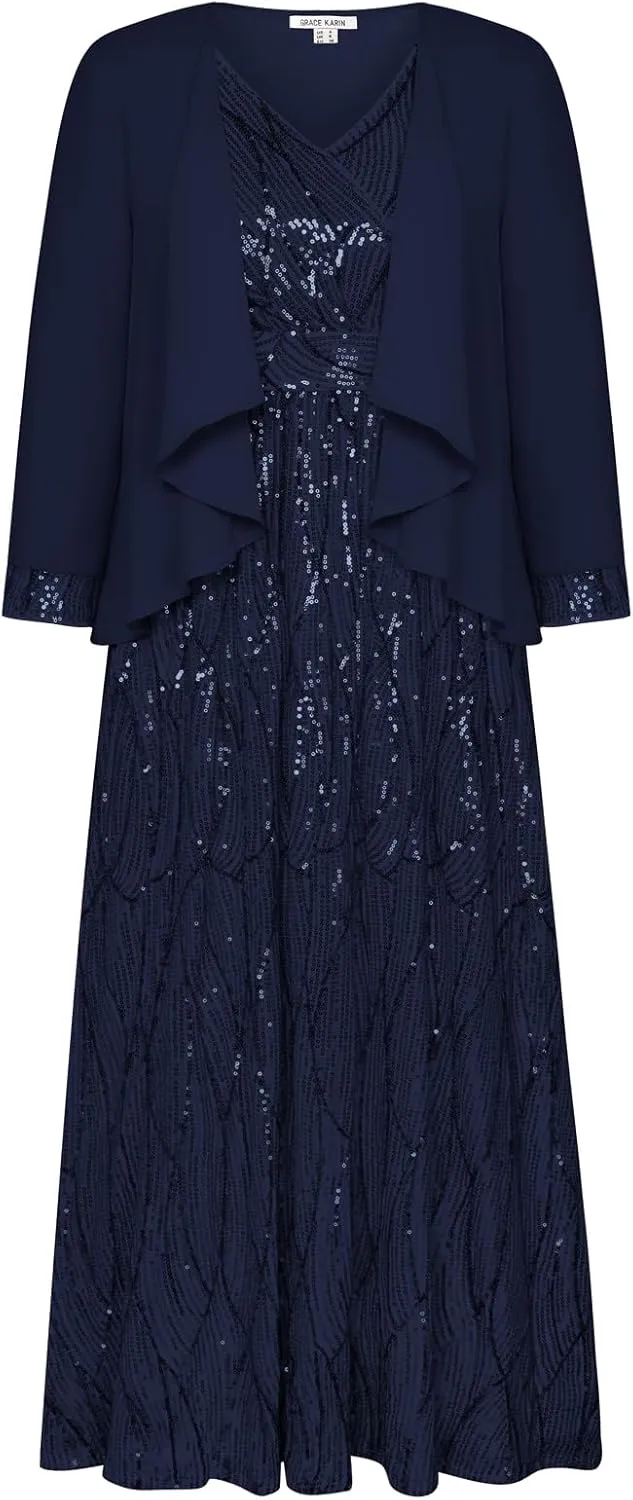 GRACE KARIN 2024 Women's Two Piece Sequin Dress with Jacket Mother of The Bride Dresses Homecoming Wedding Guest Dresses
