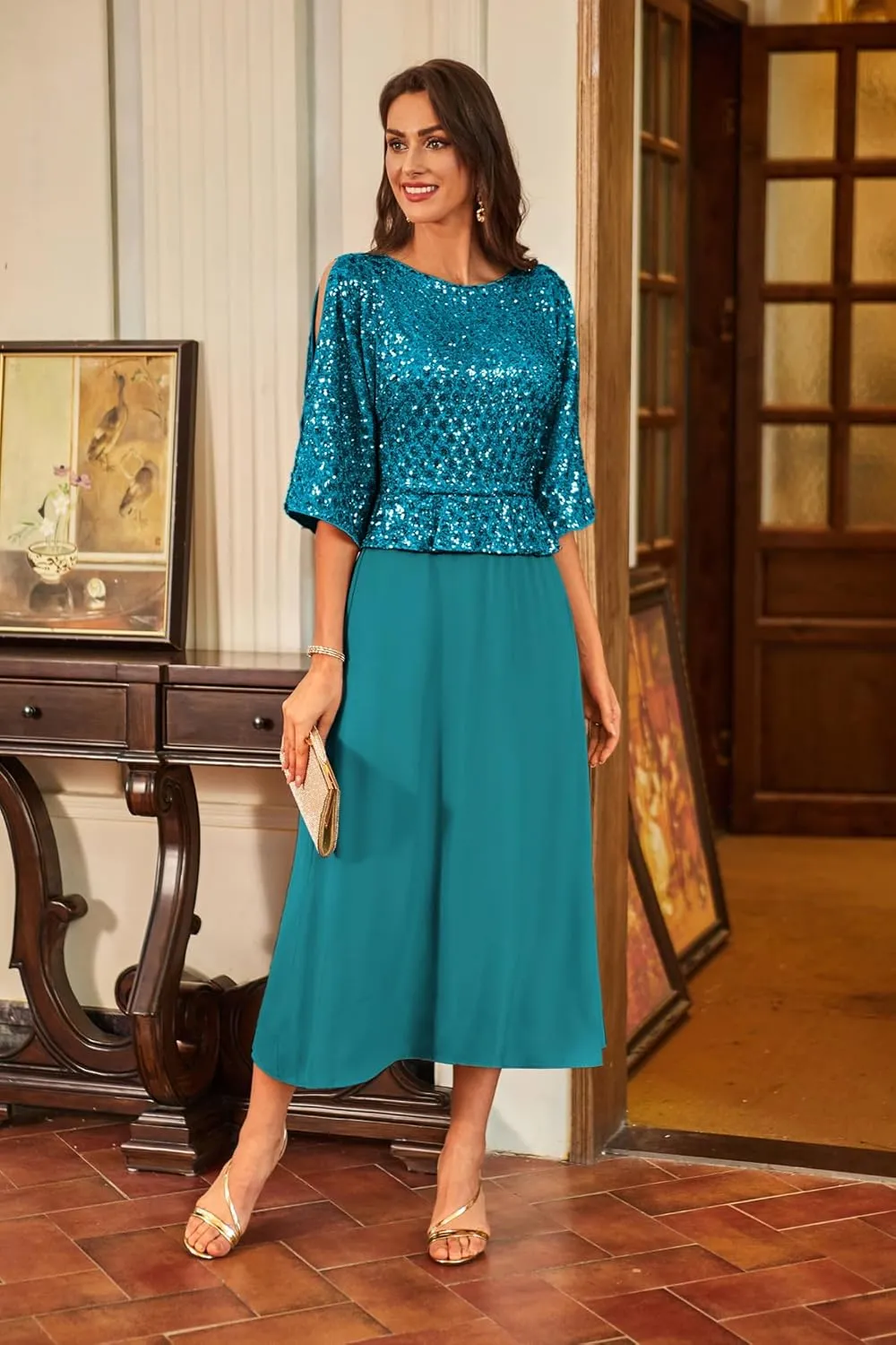 GRACE KARIN Sequin Dress for Women 2025 Mother of The Bride Dresses Wedding Guest Formal Chiffon Evening Gown