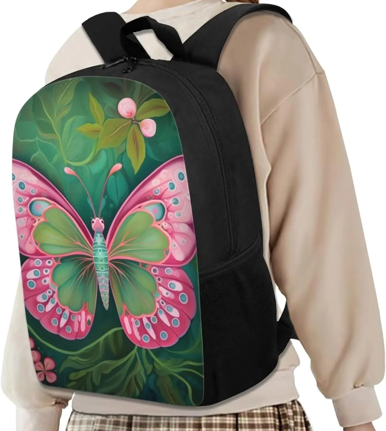 Green Cute Backpack for Girls 17 Inch Bookbag Comfy Padded Lightweight Cartoon Butterfly Backpacks for Girls Kids Student Personalized Durable Large Capacity Travel Daily School Bag