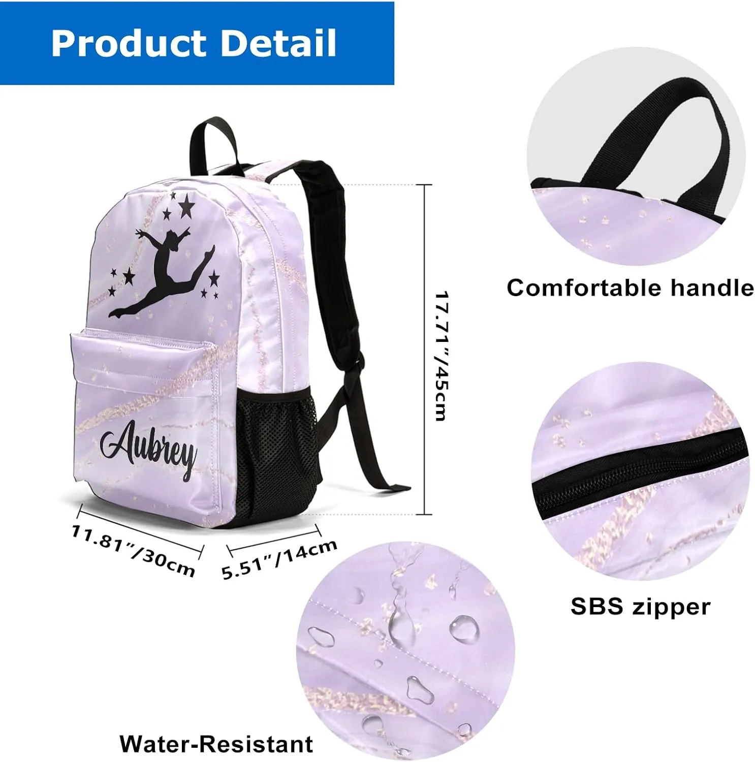 Gymnastic Abstract Marbla Purple Personalized Backpack for Teen Boys Girls,Custom Travel Backpack Bookbag Casual Bag with Name Gift 11.81"(L) x 5.51"(W) x 17.71"(H)