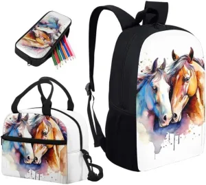 Hand Drawn Horse 17" Kids Bookbag with Insulated Lunch Box Watercolor Splash Horse Casual Backpacks for Elementary Student Horse Lover Primary Junior Bookbag