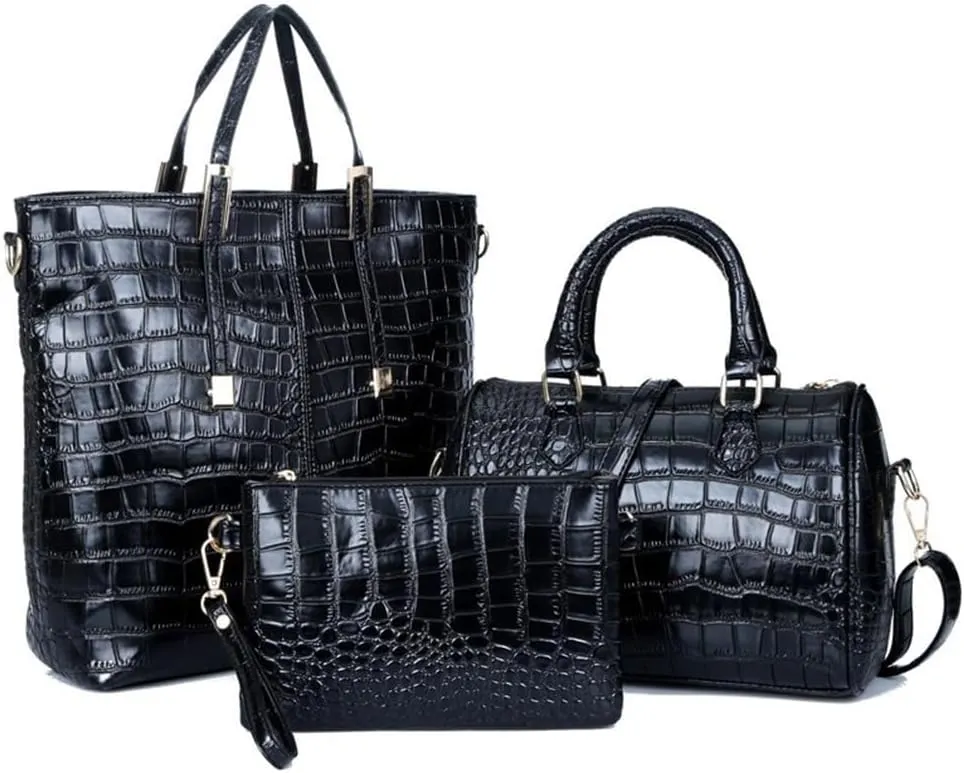 Handbag for Women Leather Shoulder Crocodile Print Top-handle Work Crossbody Purse Shopper Satchel 3Pcs Set