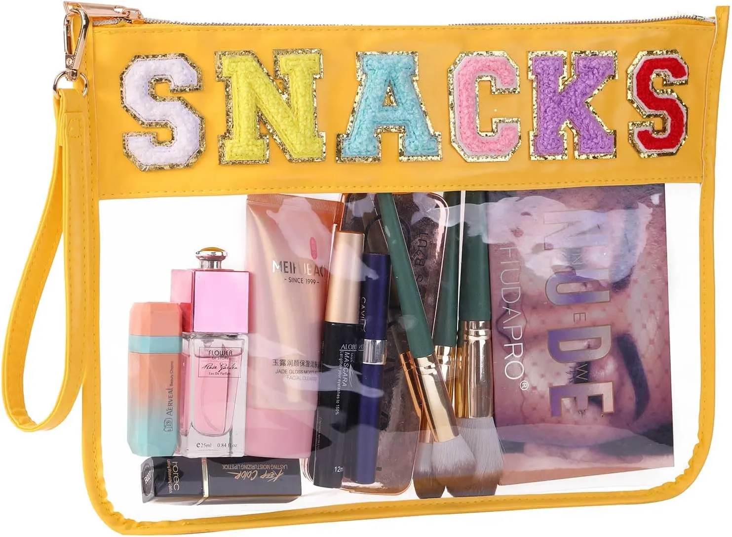 HASIOY Clear Pouch With Patches Snacks Bag Chenille Letter Bag Cosmetic Tote Bag With Gold Shoulder Straps