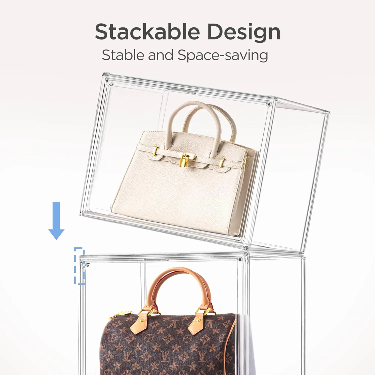 HBlife 5 Pack Purse Storage Organizer for Closet, X-Large Clear Stackable Handbag Display Case Box with Magnetic Door for Collectibles, Cosmetics, Women Heels and Toys
