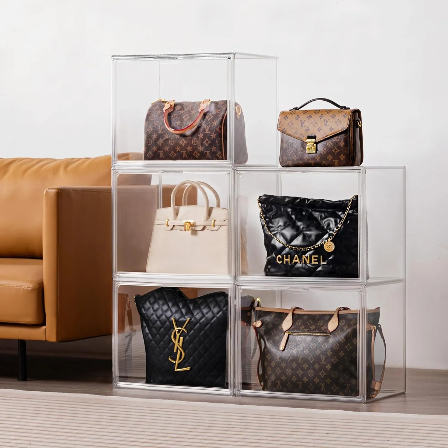 HBlife 5 Pack Purse Storage Organizer for Closet, X-Large Clear Stackable Handbag Display Case Box with Magnetic Door for Collectibles, Cosmetics, Women Heels and Toys