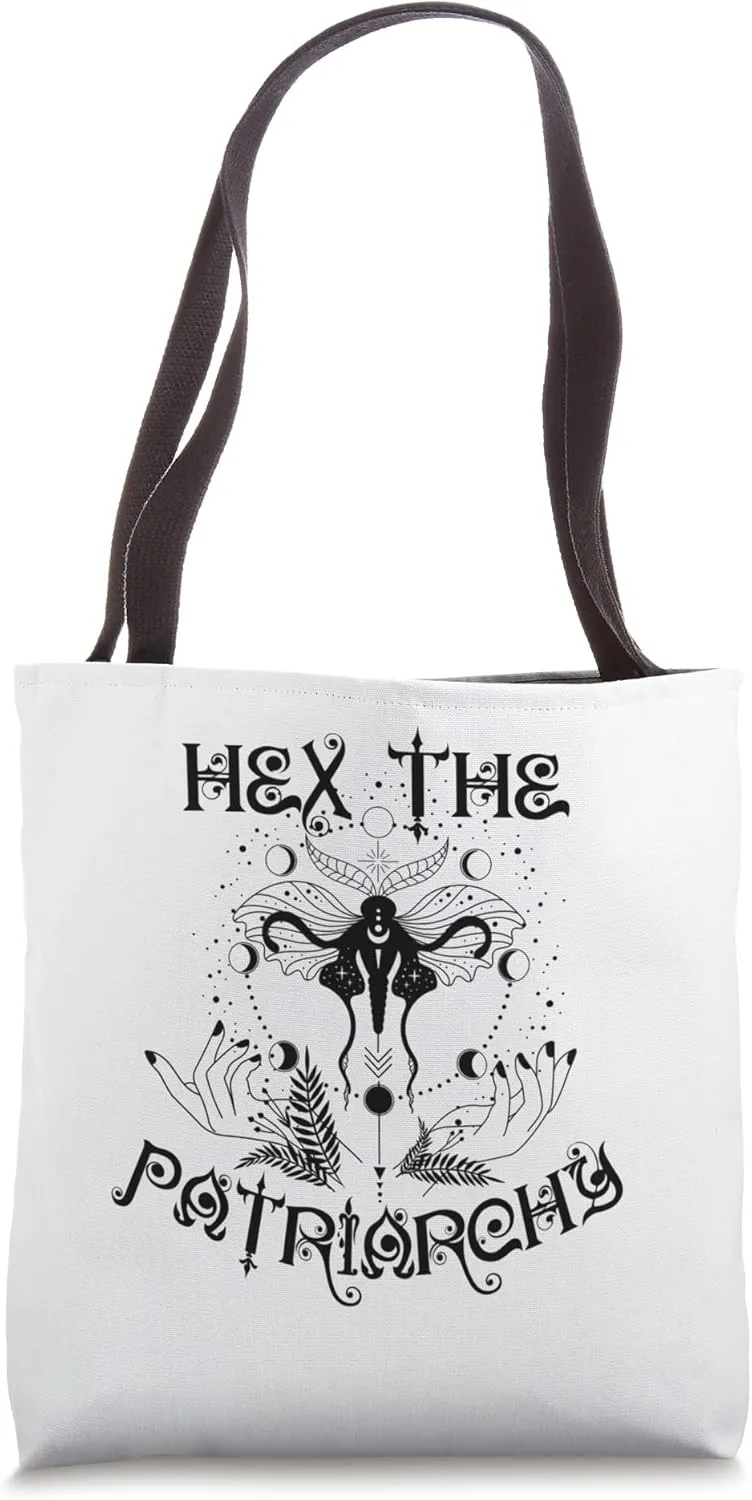 Hex the Patriarchy Floral Moon Feminist Witch Symbols Design Tote Bag