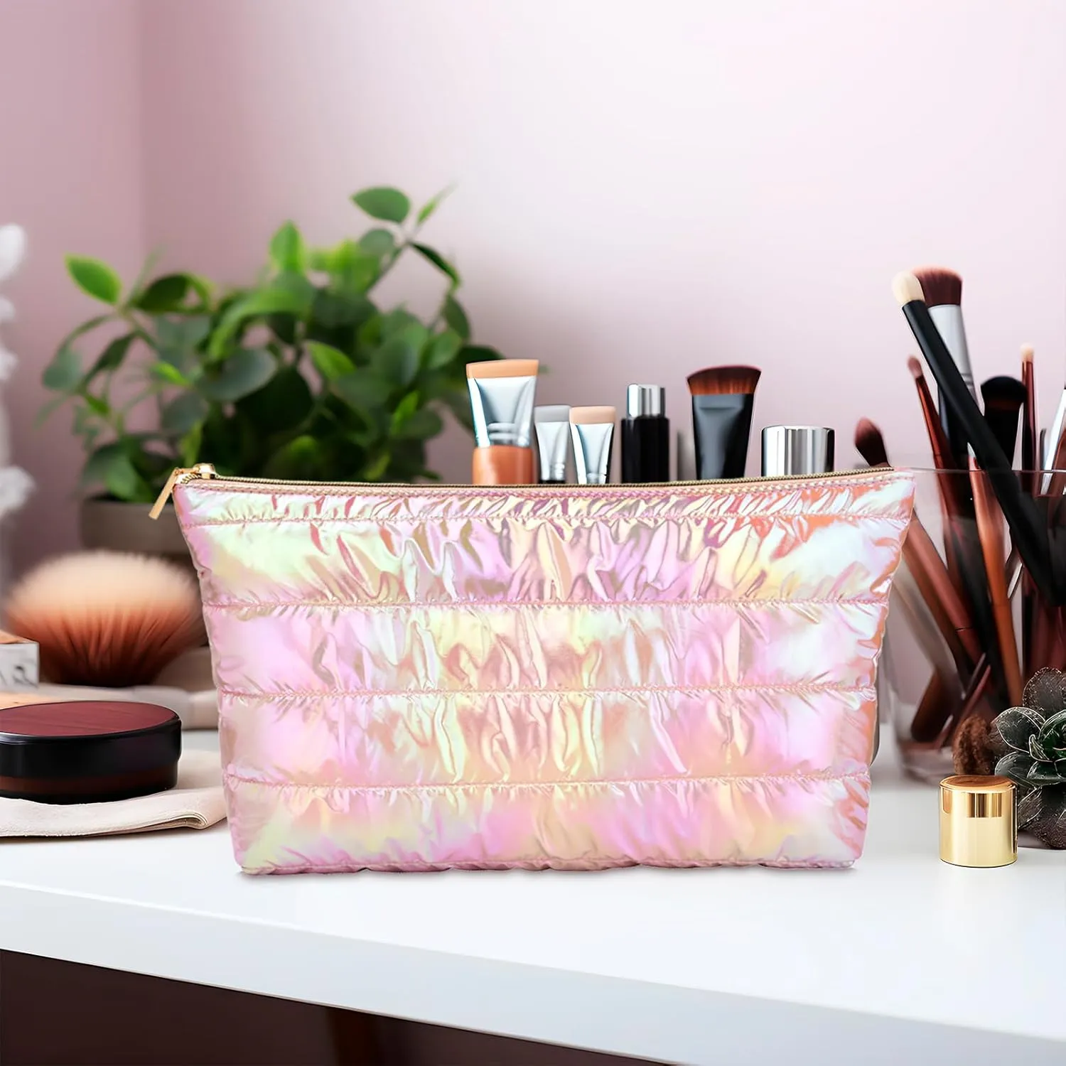 Hiroyuki Iridescent Makeup Bag, 14 inches Cosmetic Bag, Large Capacity Travel-Friendly Pouch (plain, pink)