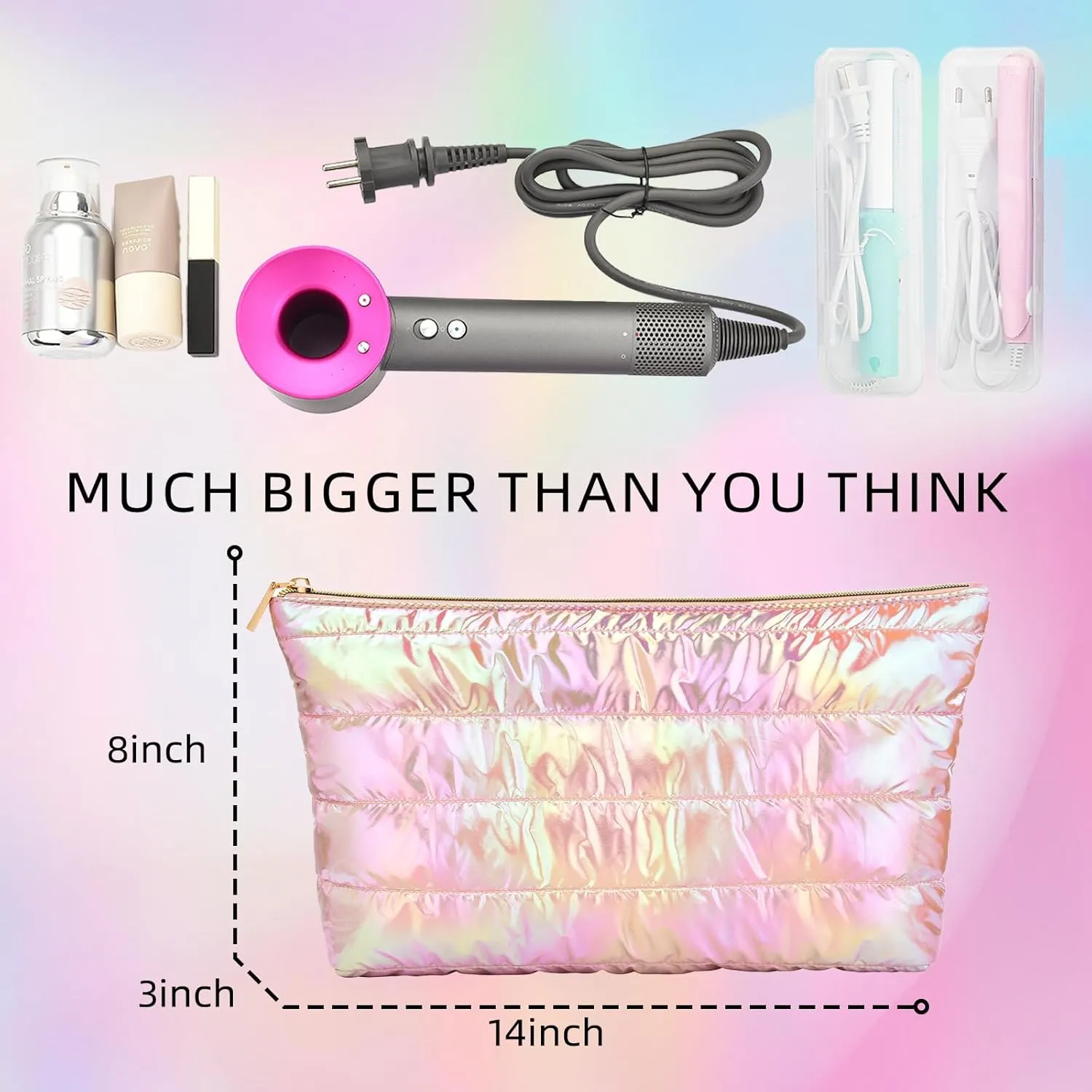 Hiroyuki Iridescent Makeup Bag, 14 inches Cosmetic Bag, Large Capacity Travel-Friendly Pouch (plain, pink)