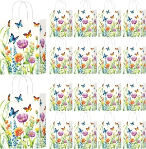 Hitkmi 24 Pcs Floral Gift Bags Wildflower Butterfly Print Party Favor Candy Treat Bags with Handles for Kids Birthday Baby Shower Spring Themed Party Supplies