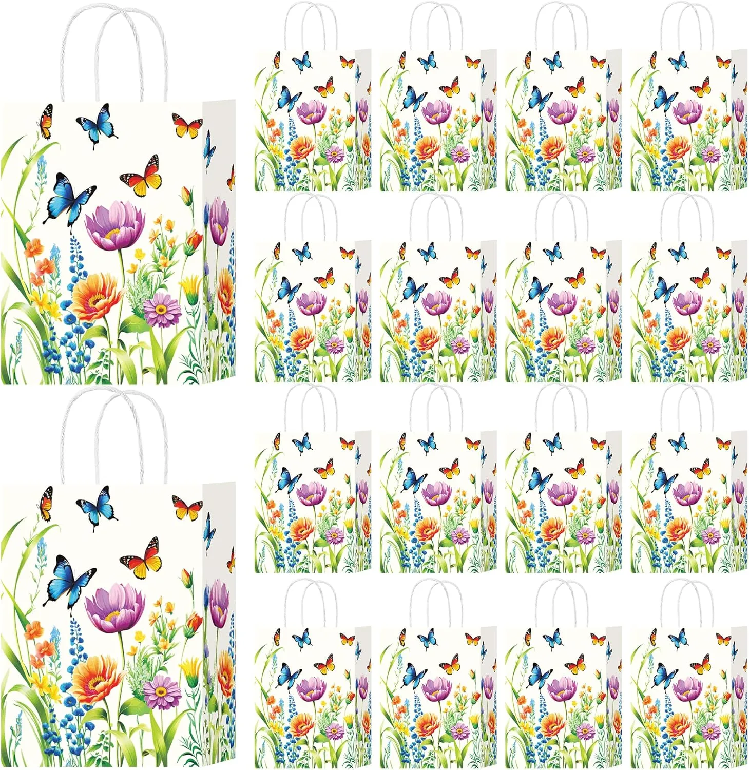 Hitkmi 24 Pcs Floral Gift Bags Wildflower Butterfly Print Party Favor Candy Treat Bags with Handles for Kids Birthday Baby Shower Spring Themed Party Supplies