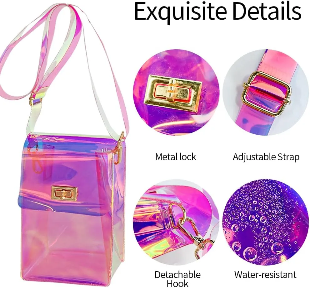 Holographic Clear Bag Stadium Approved - Iridescent Jelly Purse for Women, Neon Crossbody PVC Transparent Handbag with Strap