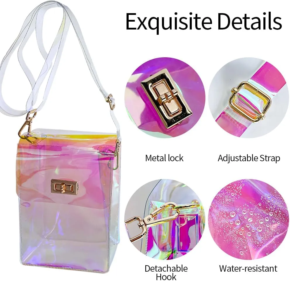 Holographic Clear Bag Stadium Approved - Iridescent Jelly Purse for Women, Neon Crossbody PVC Transparent Handbag with Strap