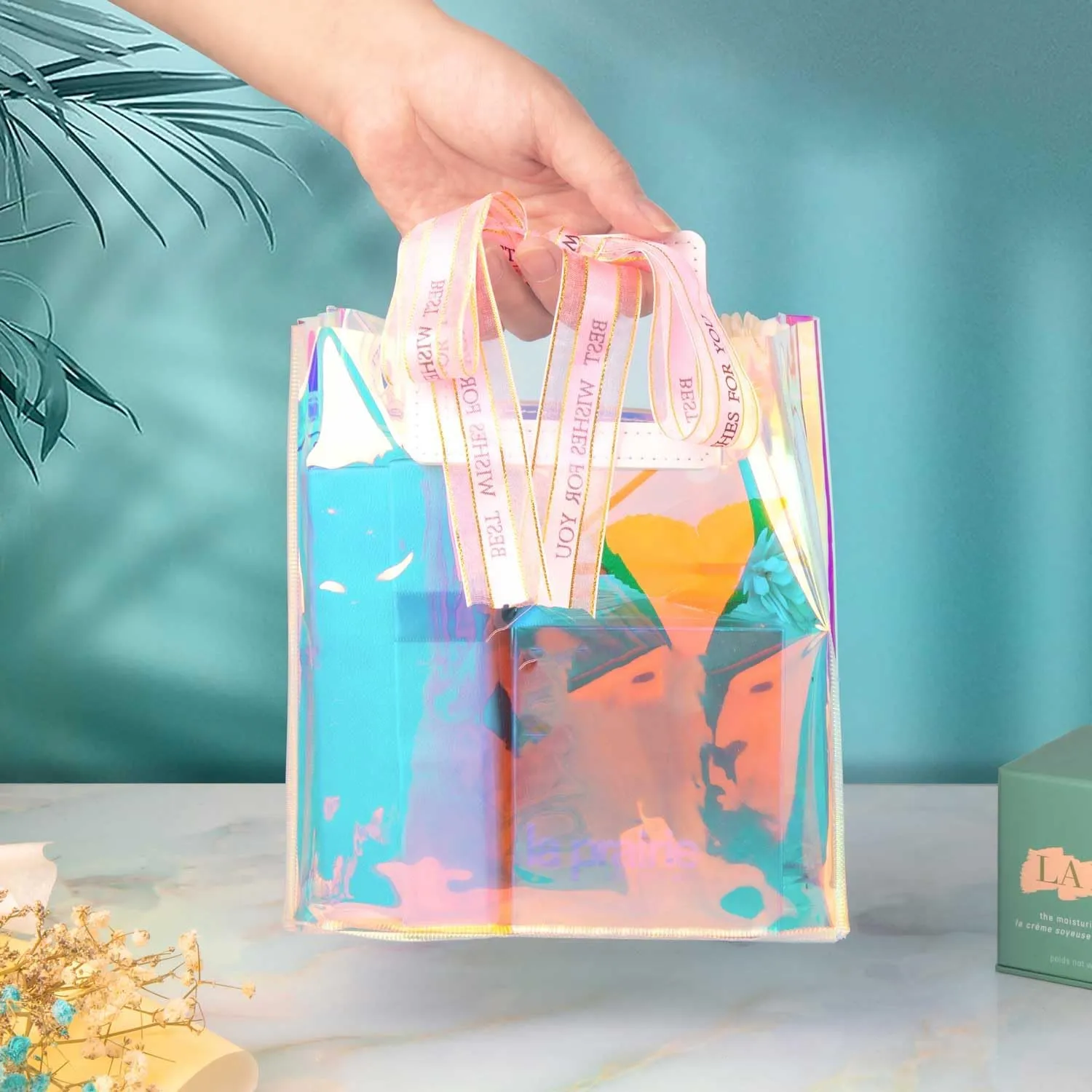 Holographic Small Gift Bags 5 Pack 7.9 * 7.1 * 3.9 Inch with Handles for Women, Girls, Birthday, Christmas, Bachelorette Party Favors, Shopping Reusable Clear Gift Wrap Bag