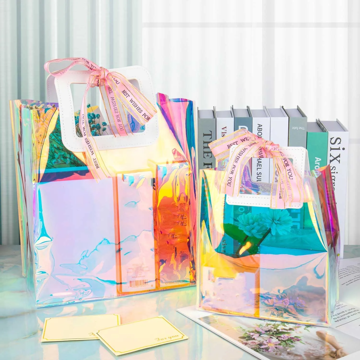 Holographic Small Gift Bags 5 Pack 7.9 * 7.1 * 3.9 Inch with Handles for Women, Girls, Birthday, Christmas, Bachelorette Party Favors, Shopping Reusable Clear Gift Wrap Bag