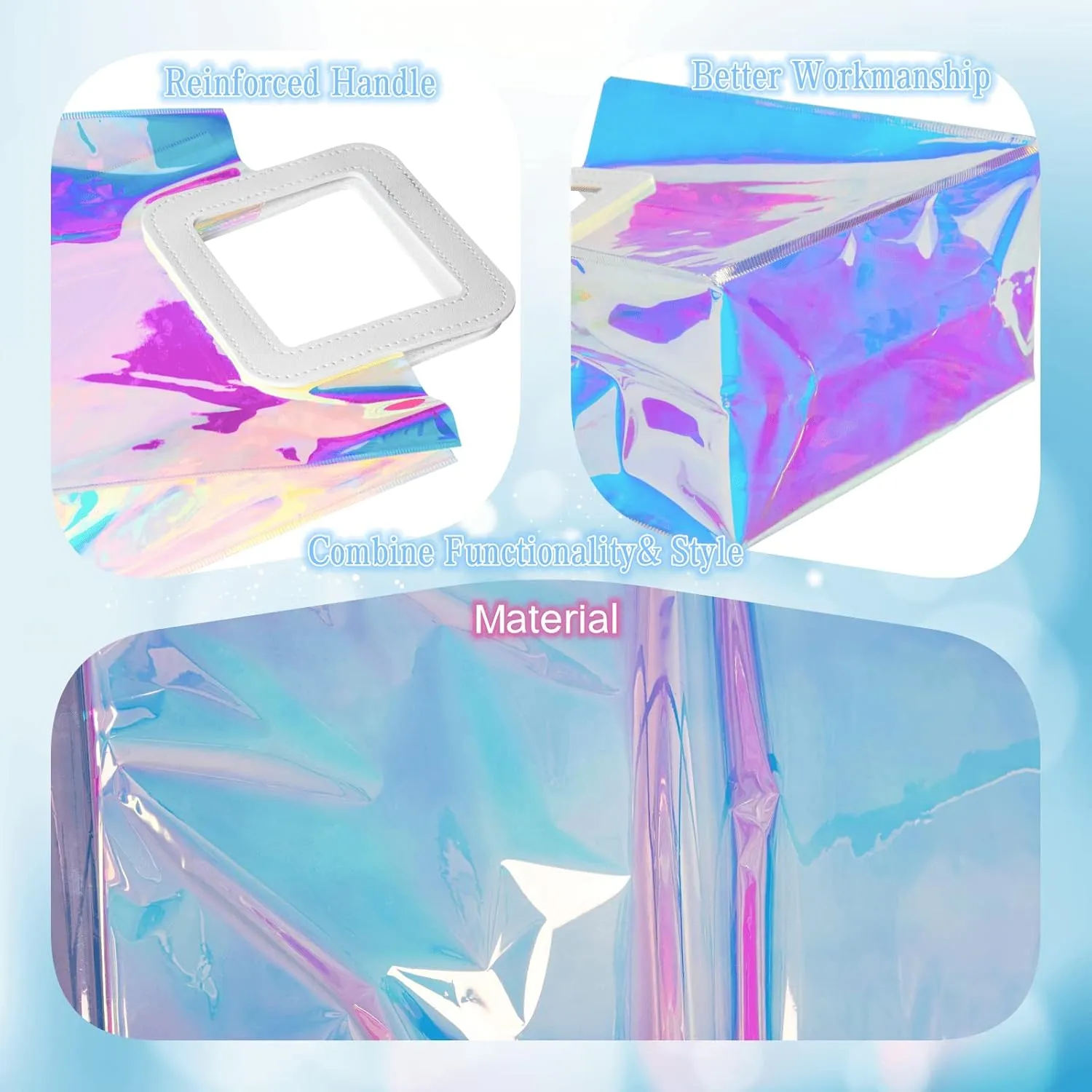 Holographic Small Gift Bags 5 Pack 7.9 * 7.1 * 3.9 Inch with Handles for Women, Girls, Birthday, Christmas, Bachelorette Party Favors, Shopping Reusable Clear Gift Wrap Bag