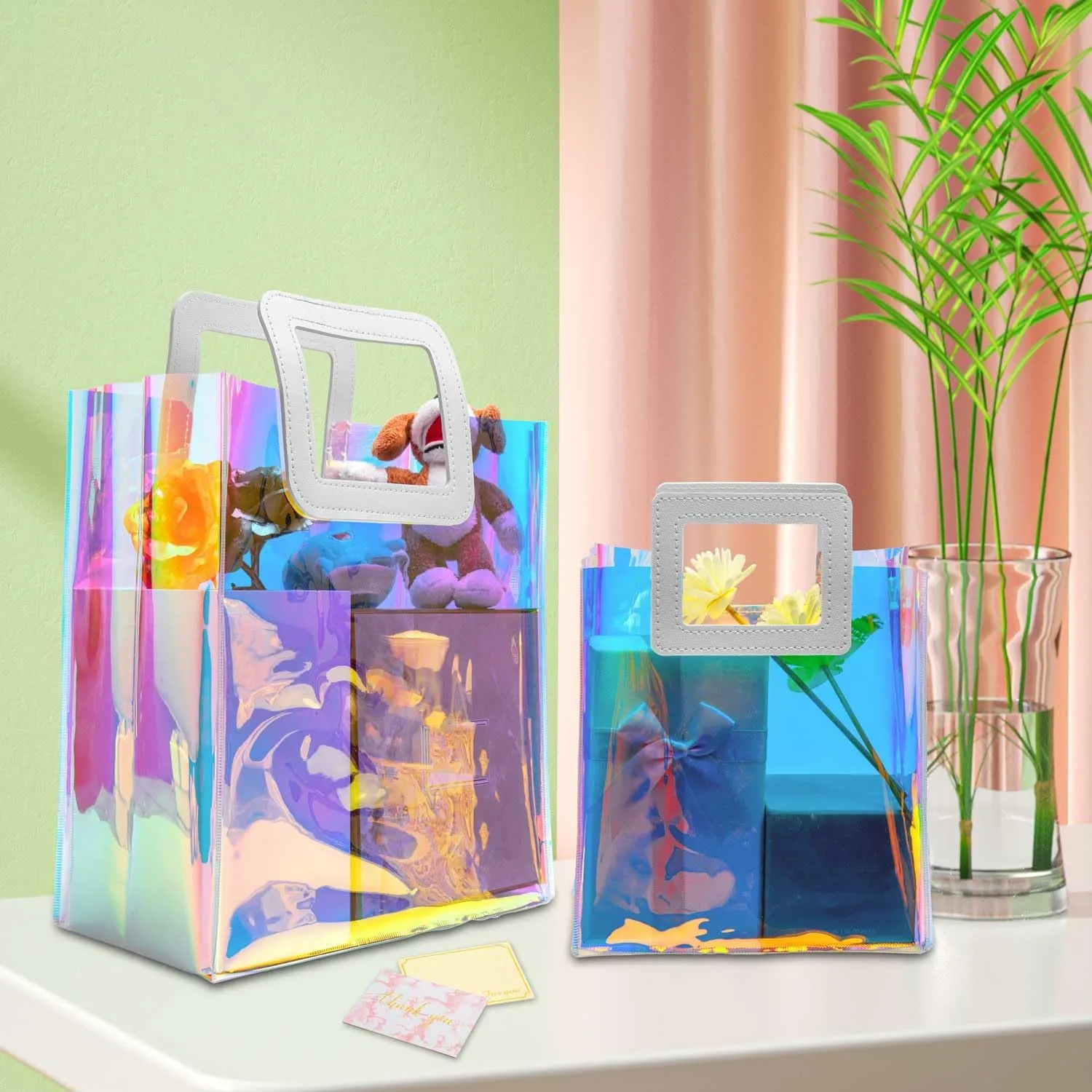 Holographic Small Gift Bags 5 Pack 7.9 * 7.1 * 3.9 Inch with Handles for Women, Girls, Birthday, Christmas, Bachelorette Party Favors, Shopping Reusable Clear Gift Wrap Bag