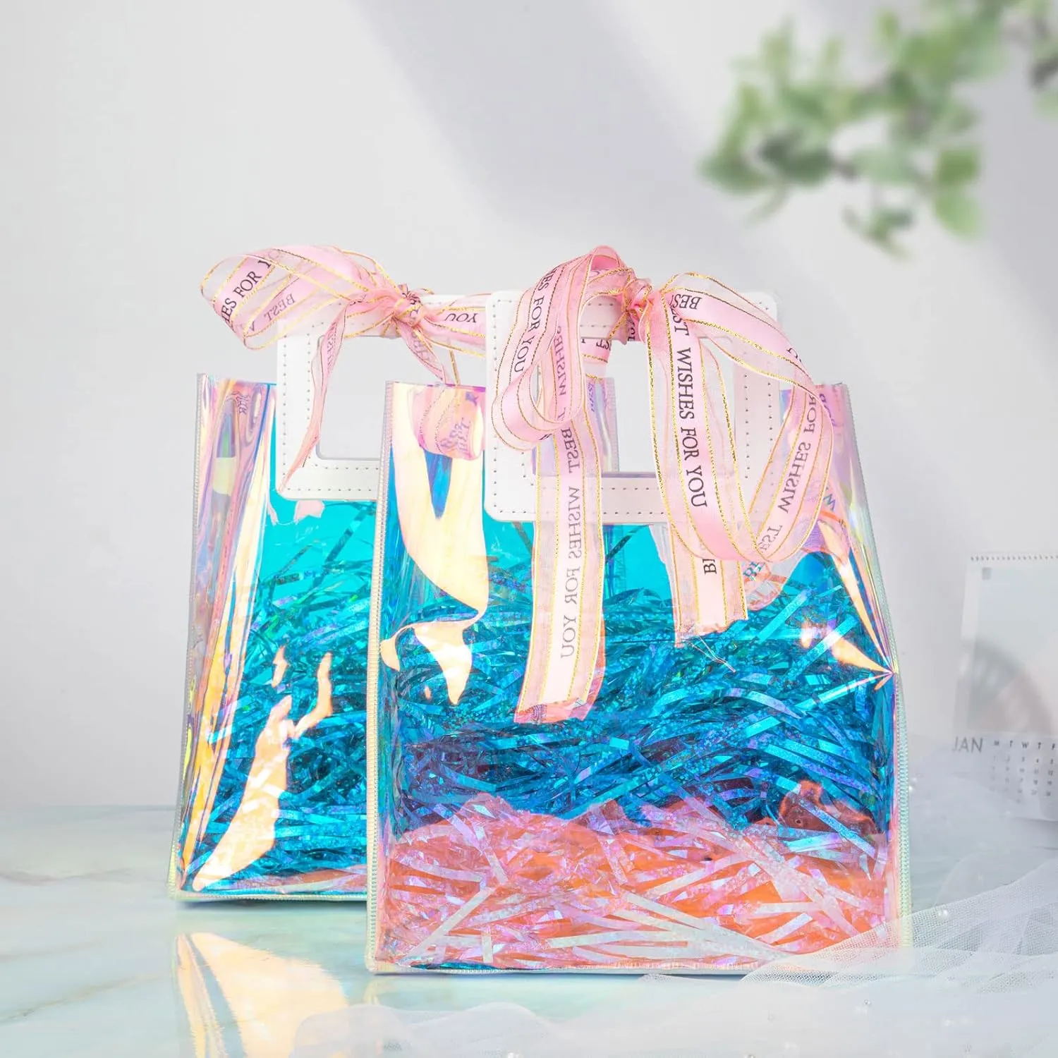 Holographic Small Gift Bags 5 Pack 7.9 * 7.1 * 3.9 Inch with Handles for Women, Girls, Birthday, Christmas, Bachelorette Party Favors, Shopping Reusable Clear Gift Wrap Bag